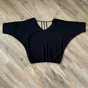 XOXO Sz L Black Sheer Polyester Dolman Cold Shoulder Sleeve Stunning Back Detail